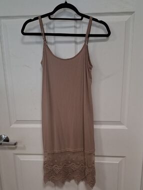 Beige Slip Dress with Lace Hem